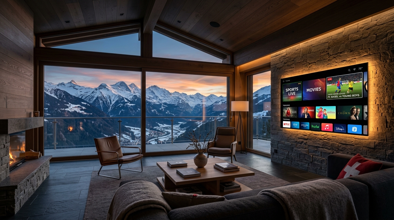 Interface IPTV Suisse 4K Ultra HD sur Smart TV dans un salon moderne avec vue sur les Alpes suisses
